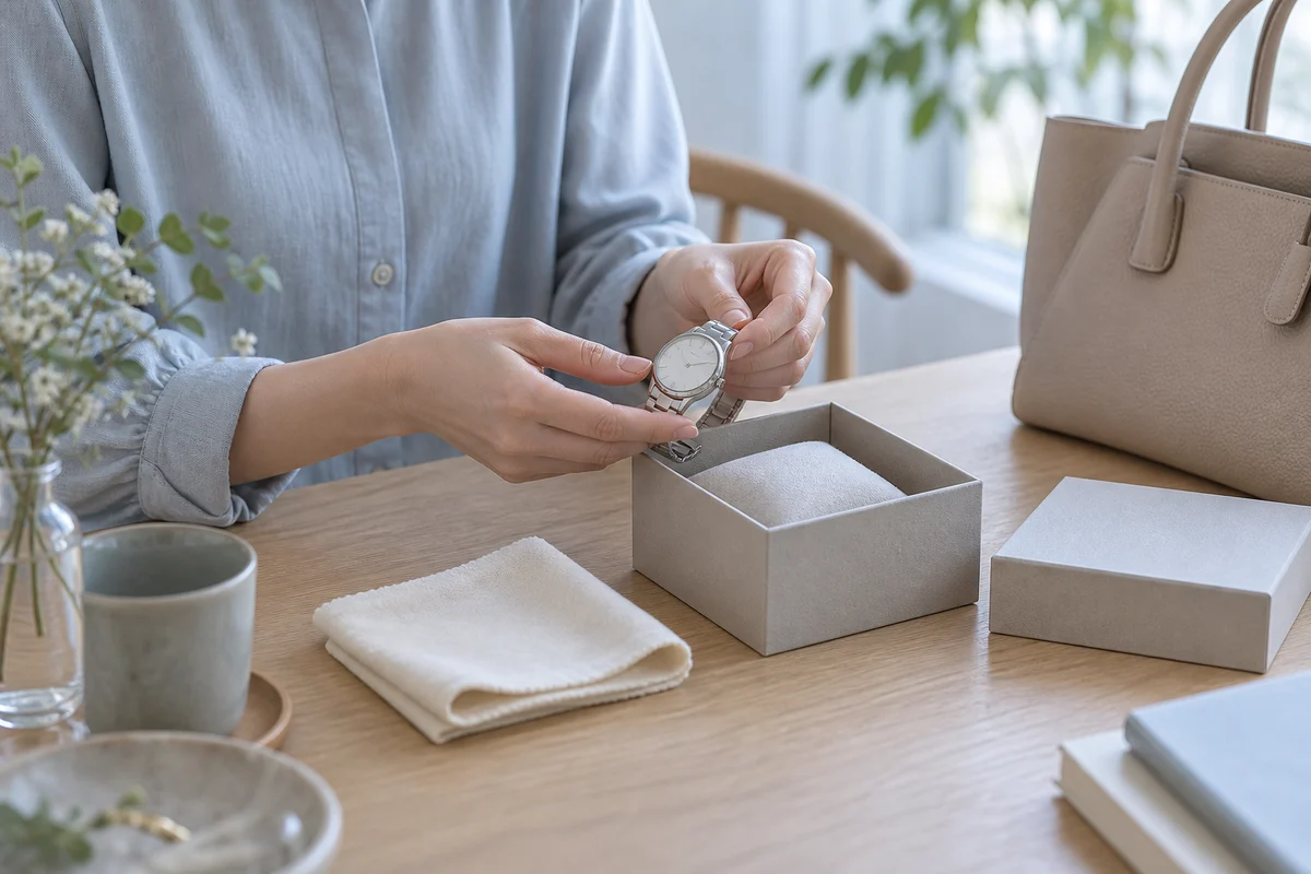 大切な時計と付属品を準備する手元